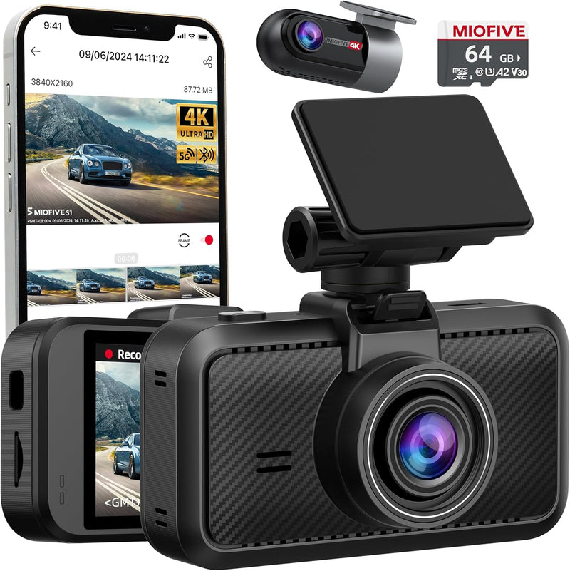 Miofive S1-Ultra Dash Cam Front Rear, 4K+4K Dual Dash Camera for Cars, with 1x FREE 64GB microSD Card